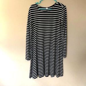 Black and white striped long sleeved A-line dress